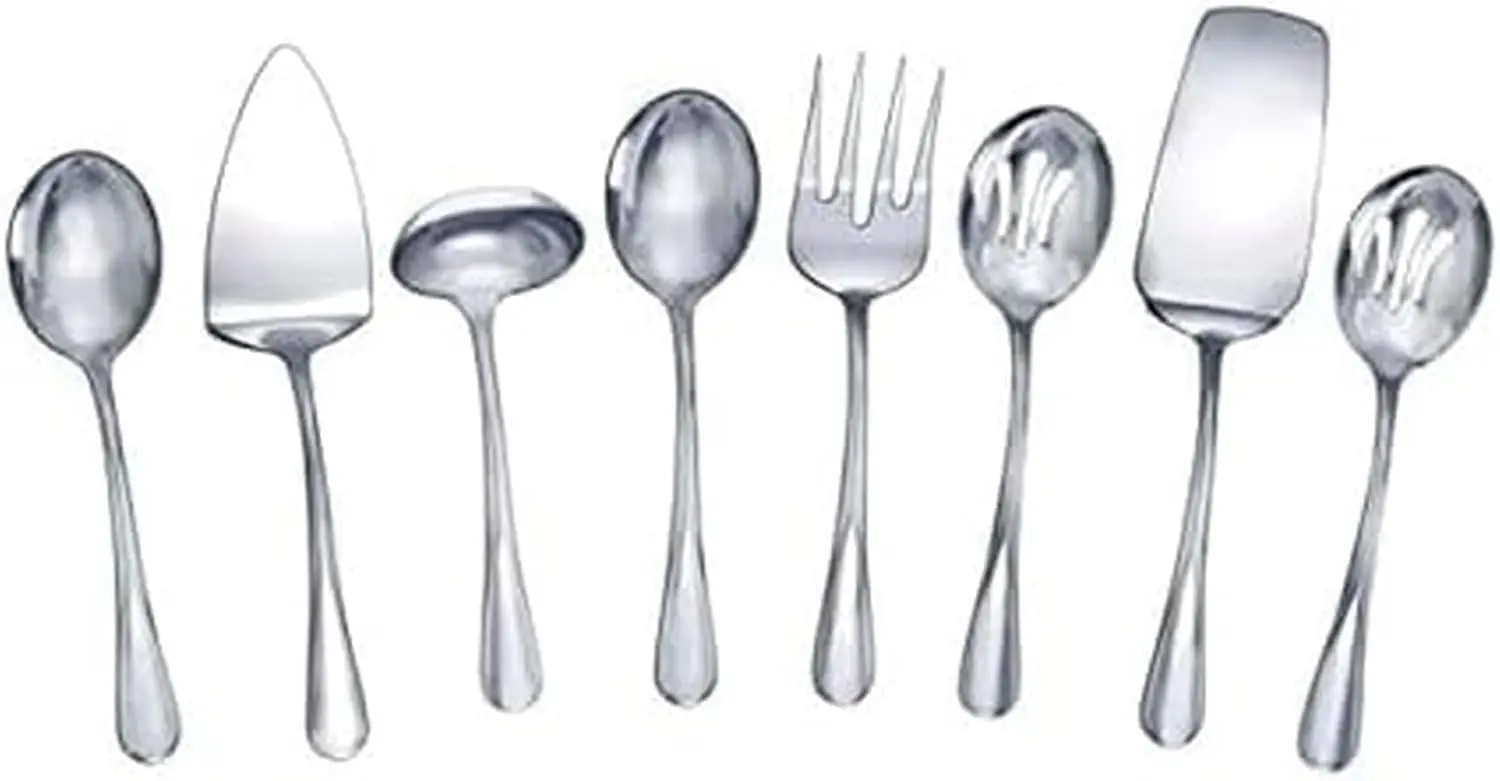 

8-Piece Stainless Steel Serving Set: Ladle, Cake Server, Lasagna Server, Tablespoons, Cold Meat Fork, Dishwasher Safe