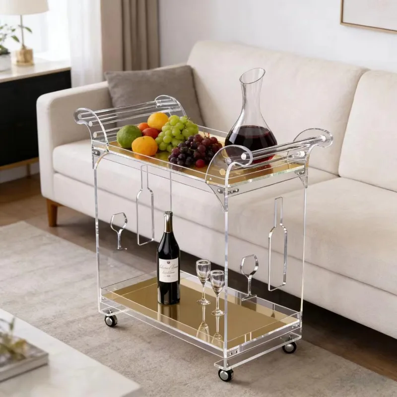 Acrylic Transparent Mobile Dining Cart, Double-layer Golden Mirror Wine Cart, Living Room Dining Room Storage Coffee Table