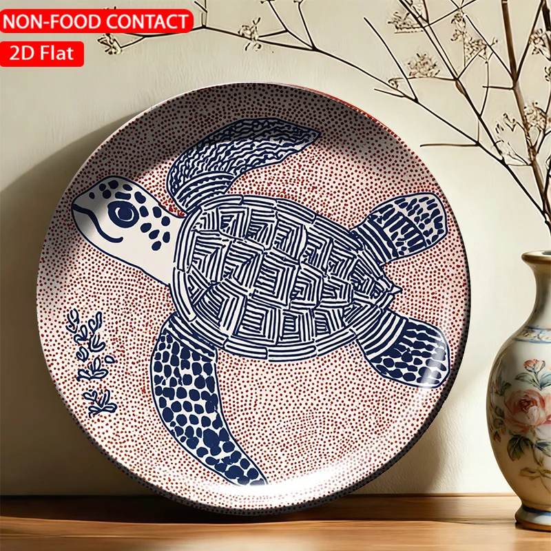 1pc FORJN Ceramic Sea Turtle Plate - Round Blue Sea Turtle Wall/Table Decor, Non-Food Contact Suitable for Decoration in