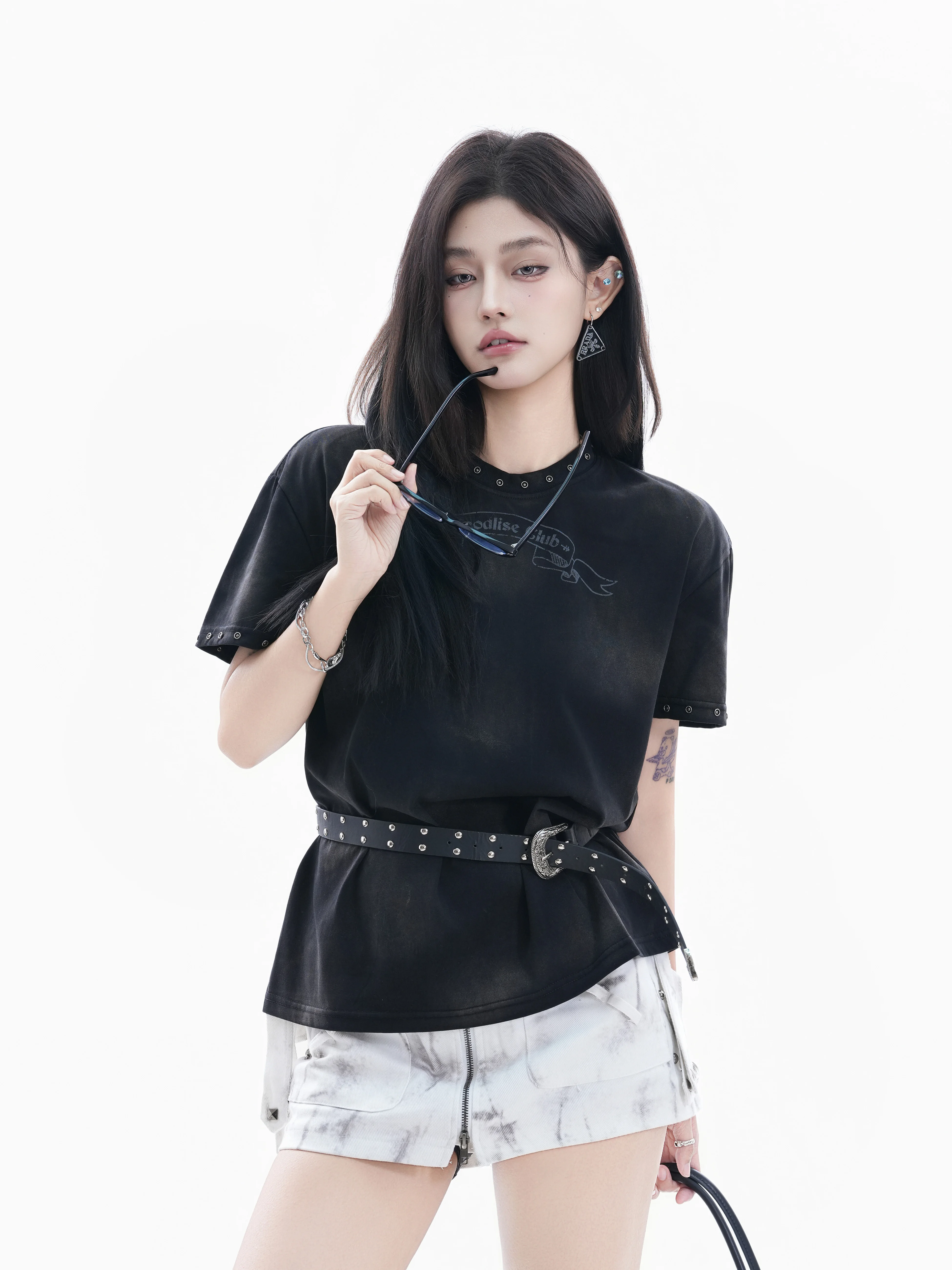 

Retro American Tie Dye Rivet Short Sleeve T-Shirt Women Loose Vintage Style Cotton Polyester Blend round Neck Casual Top