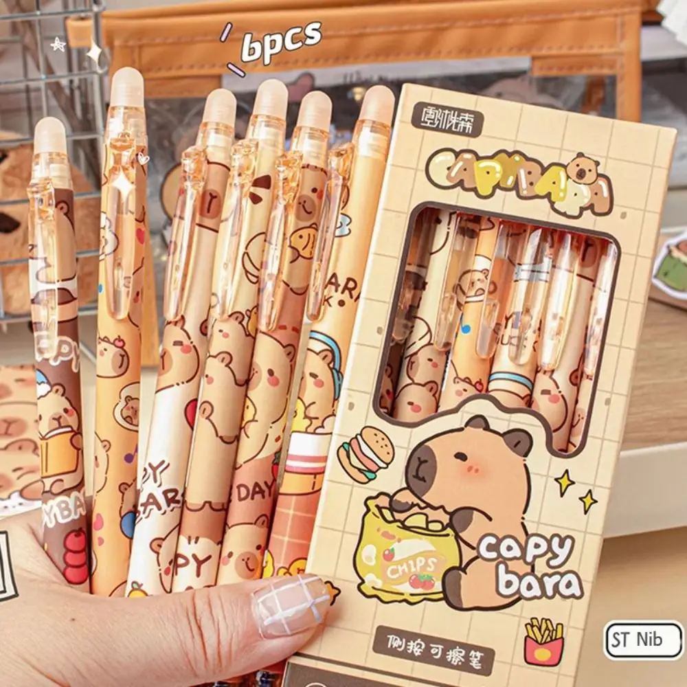 

6 шт., быстросохнущая стираемая ручка Kawaii Capybara, эстетические синие чернила, милая ручка для письма, мультяшная гелевая ручка 0,5 мм, офисные принадлежности