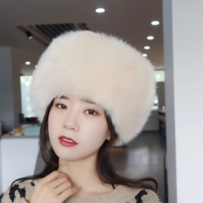 Women Lady Russian Tick Fluffy imitation Fox Fur Hat Headband Winter Earwarmer Ski Hat Female Hats For Autumn winte Rlight Beige