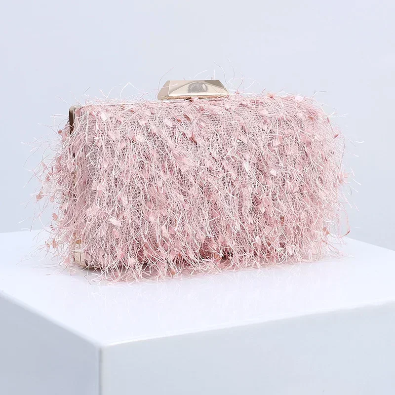 

Pink Bag Fashion Tassesl Clutch Bag Women Cute Fluffy Purse Elegant Crossbody Chain Shoulder Wedding Party Bag Female Handbag