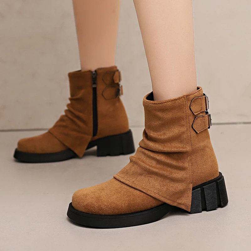 Flanged Flannel Side Zipper Thick Heel Plush Lining Autumn New Short Boots Double Row Belt Buckle Thick Sole Ankle Boots