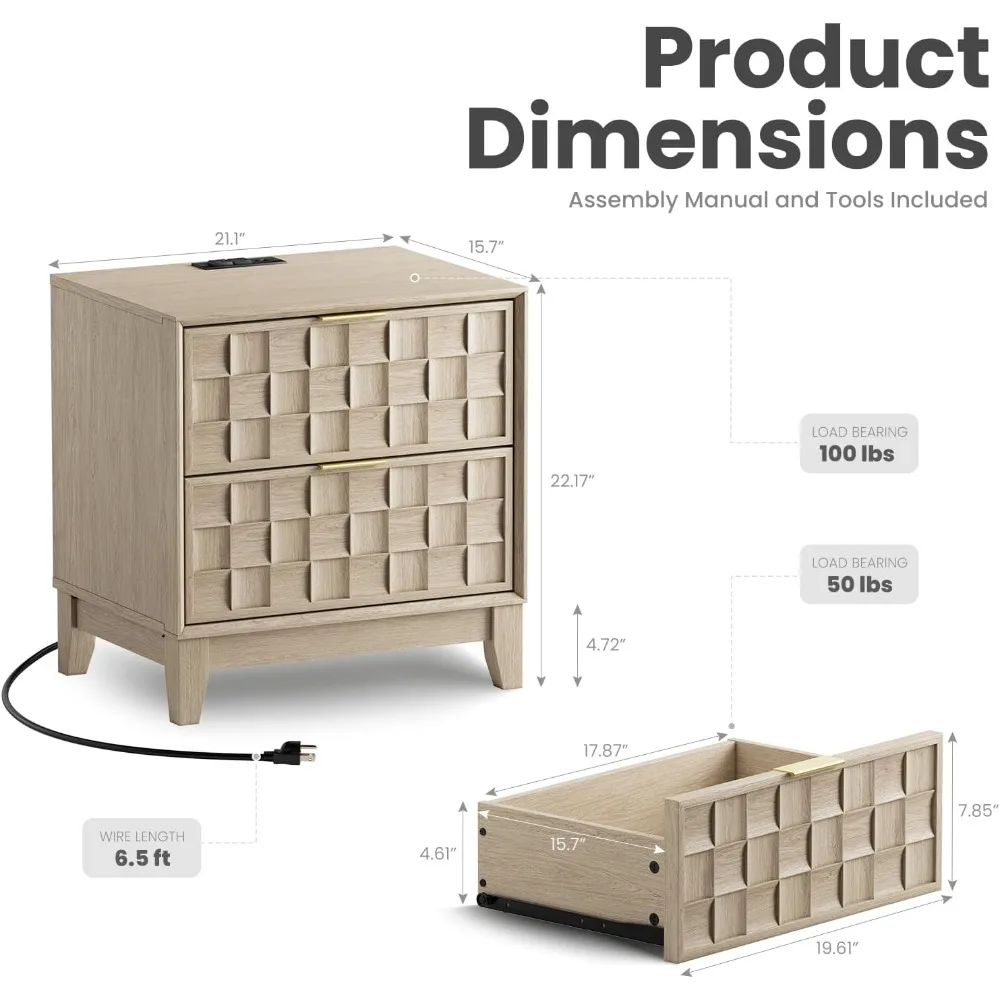 منضدة غرفة نوم حديثة مقاس 22 بوصة مع قاعدة شحن وأدراج تخزين، تتميز بتصميم رقعة الشطرنج