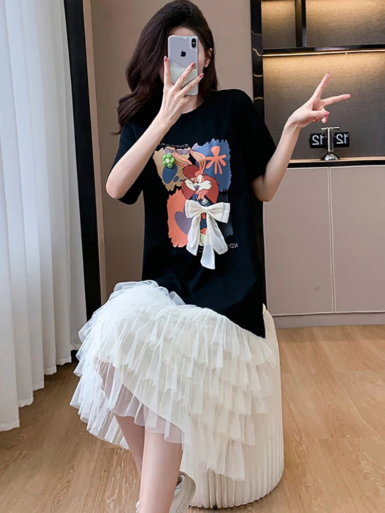 Feminino coreano moda casual vestido de férias verão preto impressão dos desenhos animados arco y2k vestido 2025 novo elegante retalhos malha em camadas vestido