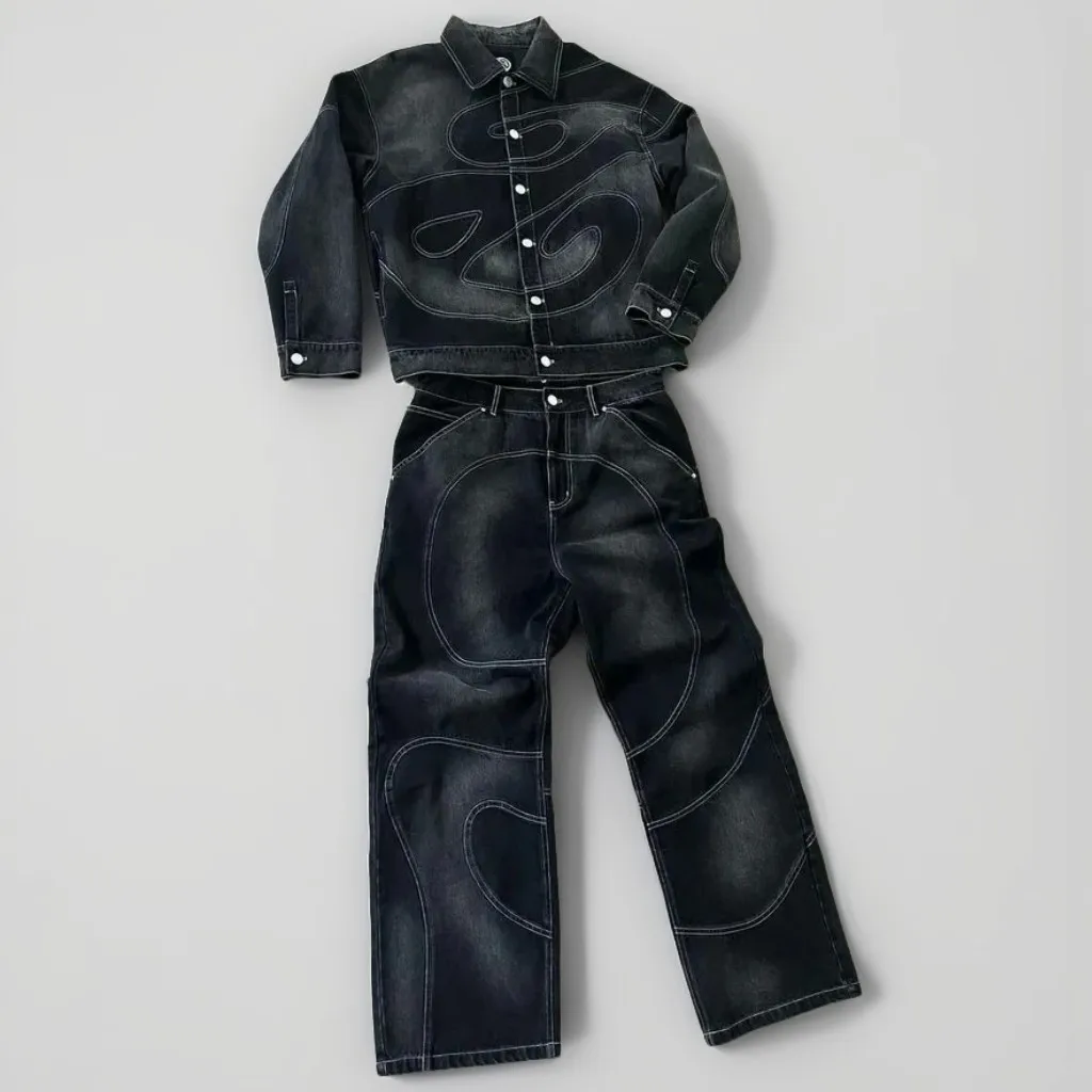 Vintage Gothic Trainingspak Mannen Y2k Jeans Oversized Gestreept Patroon Jas Mannen Kleding Joggingbroek Tweedelige Set Nieuwe Kleding voor Mannen