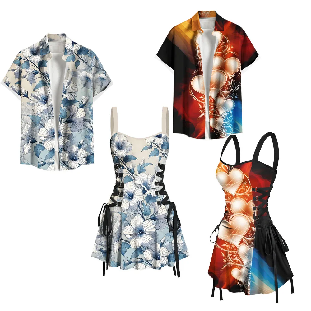 New Valentines Costumes Matching Hawaii Beach Outfit For Couples 3D Hibiscus Flower Leaf Print Heart Graphic T-Shirt Dress S-3X