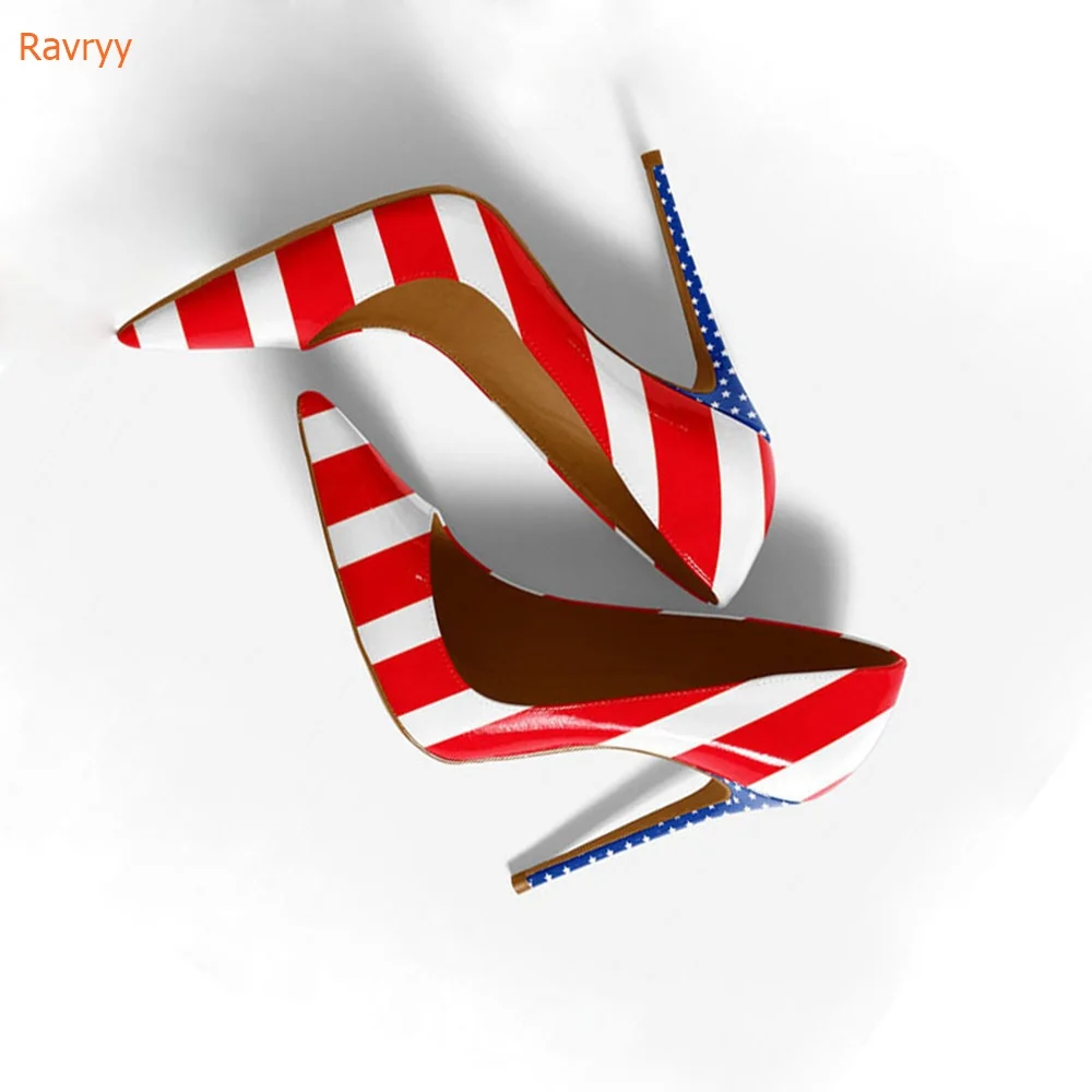 American Flag Prints Thin Heels Shoes Pointed Toe Patent Leather Women Shoes Slip On Pumps Shallow Party Fashion Shoes