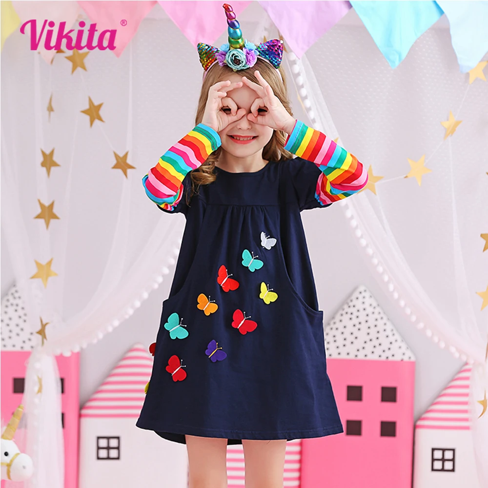 VIKITA Children Rainbow Striped Dress Girls Sequined Unicorn Dresses Kids Autumn Dress with Pockets Girl Cotton Vestidos 3-12Yrs