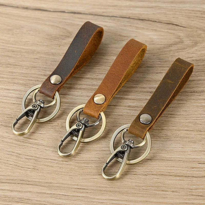 Porte-clés en cuir de cheval fou pour hommes, cuir véritable, cuir de cercle souple, chaîne continent, vente en gros personnalisée, 3 pièces par lot