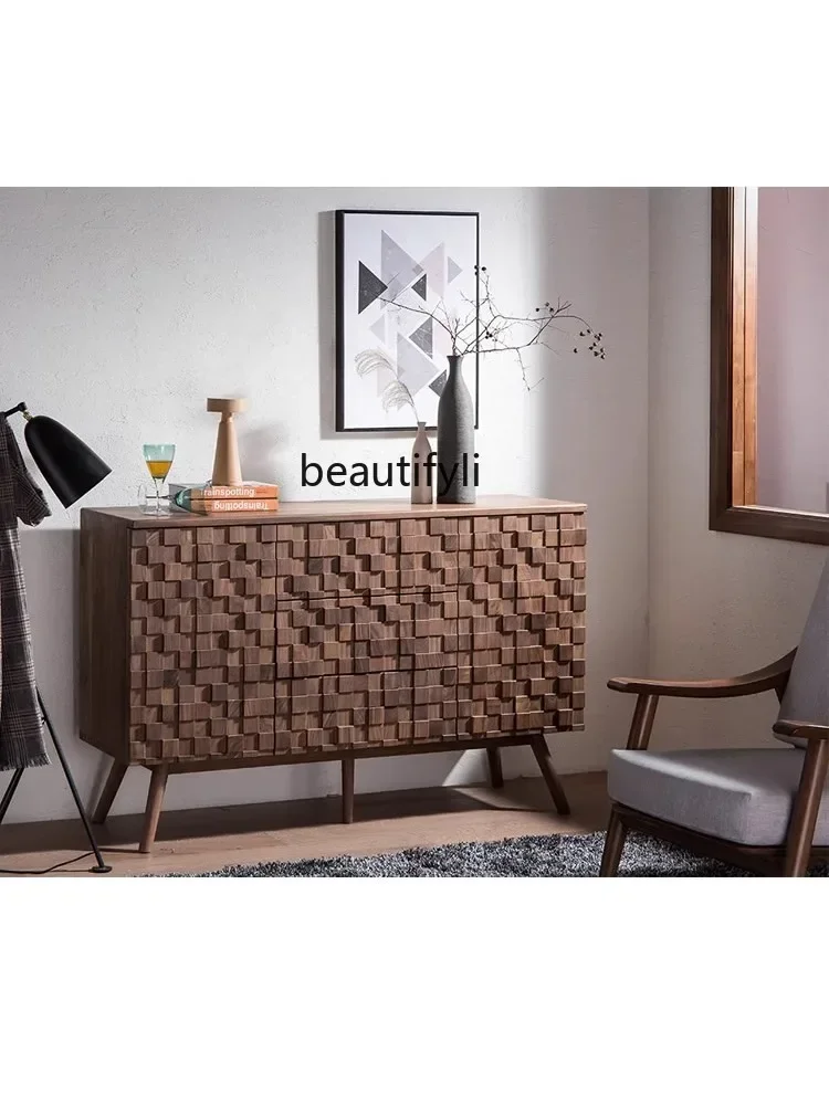 

01 Black Walnut Entrance Italian Side Cabinet Creative Sofa Side Cabinet Solid Wood Storage Corridor Cabinet furniture