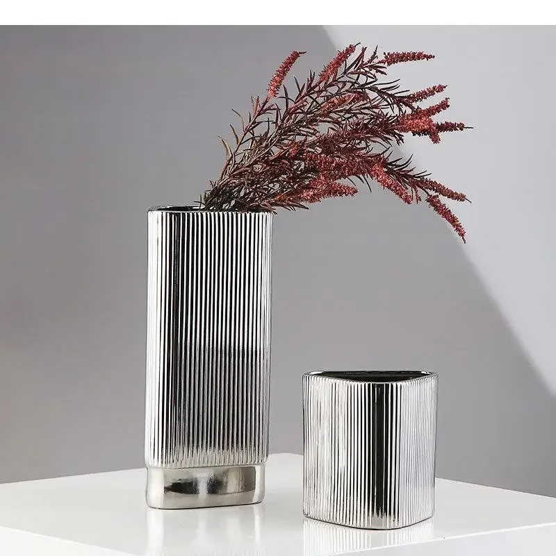 Silver-plated Vertical Grain Ceramic Vase Desk Decoration Geometric Shape Floral Vases Flower Pots Decorative Arrangement