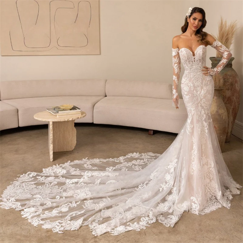 

Luxury Wedding Dress Women 2024 Mermaid Open Back Lace Sweetheart Long Sleeve Bridal Gown Court Train Vestidos De Novia