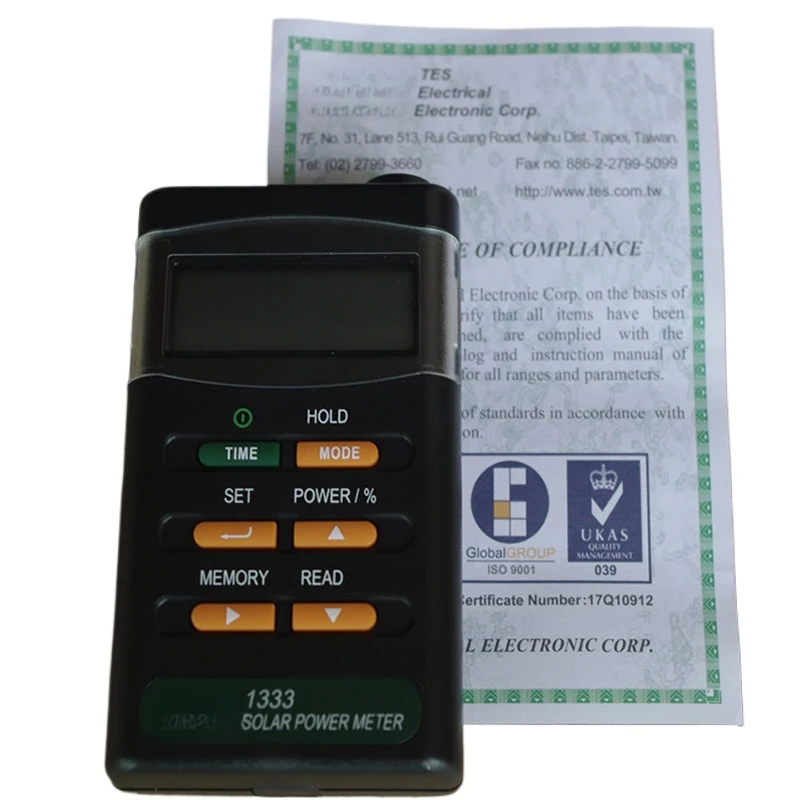 TES1333 Handheld Solar Power Meter Solar Energy Meter, range 2000W/m2, 634Btu/(ft2×h)