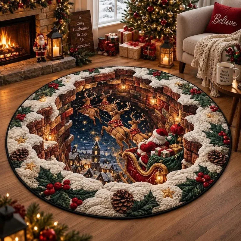 Round Area Rug Santa Claus Sleigh Reindeer Brick Well Night Sky Print for Living Room Decor