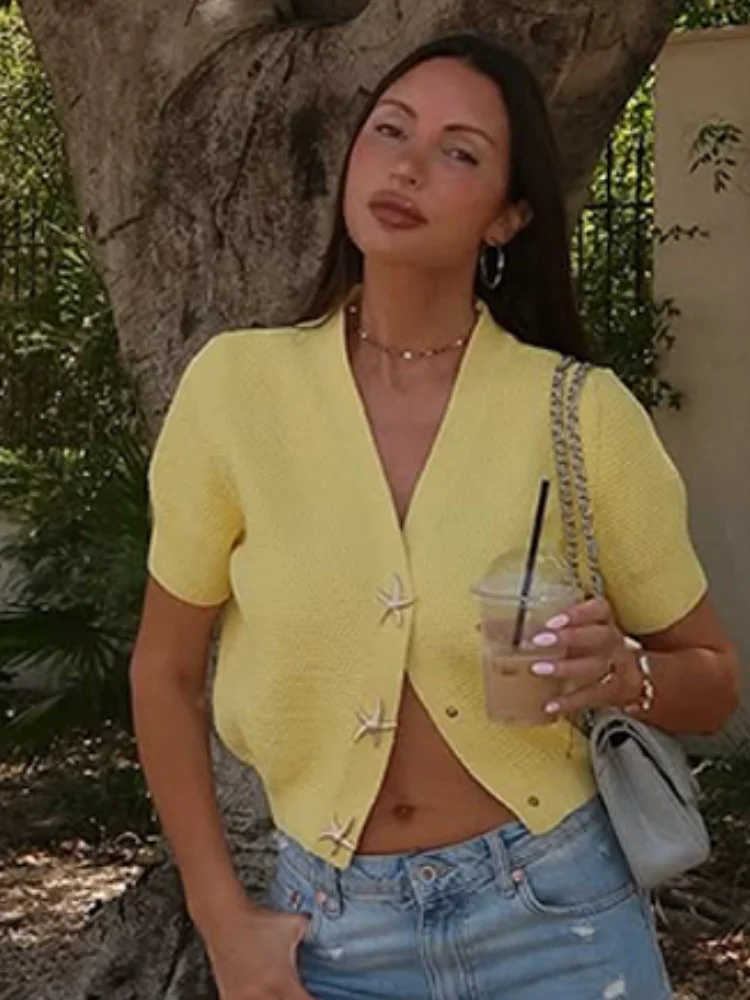 

2025 Starfish Single Breasted Yellow Knitted Shirt Women Elegant V Neck Short Sleeves Copped Summer Chic Lady Holiday Beach Wear
