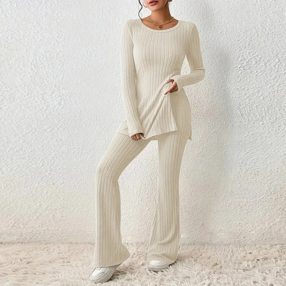 Autumn Winter Women Knit Two Piece Sets Solid Color Sexy Slit Casual Slim Suit Long Sleeve O-neck Tops+Pants Fashion Streetwear