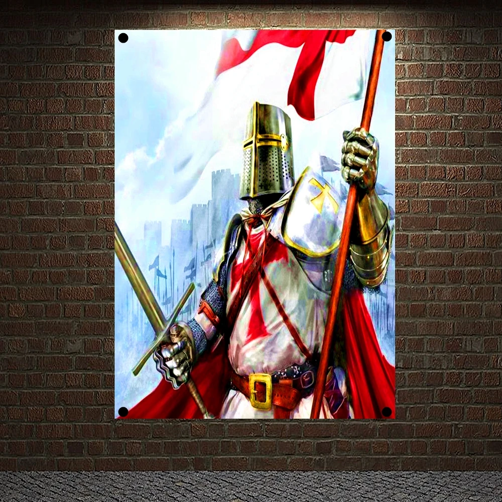 

The Crusades Armor Warrior Flag Wall Art Pictures Tapestry Masonic Knights Templar Poster Wall Decorative Banner Canvas Painting