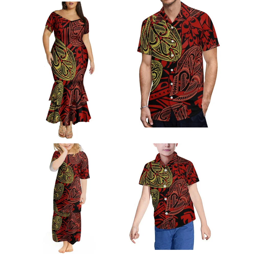 Casual apertado família usar com decote em v fora do ombro dupla camada fishtail saia verão havaí camisa masculina feita sob encomenda