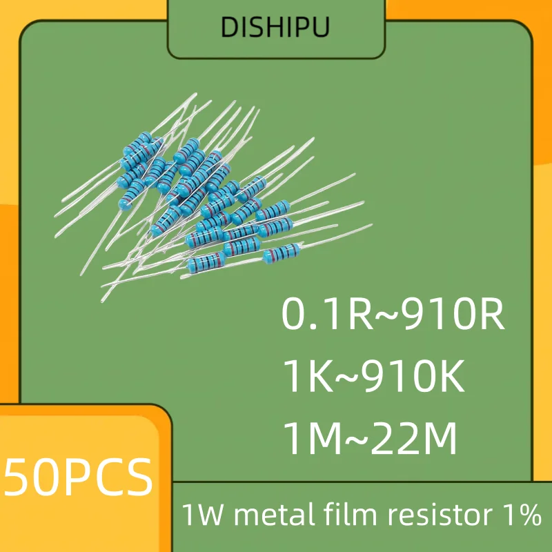 50PCS 1W metal film resistor 1% color ring 1K2K 10K 100R120R22K 220 4.7K 470 1M