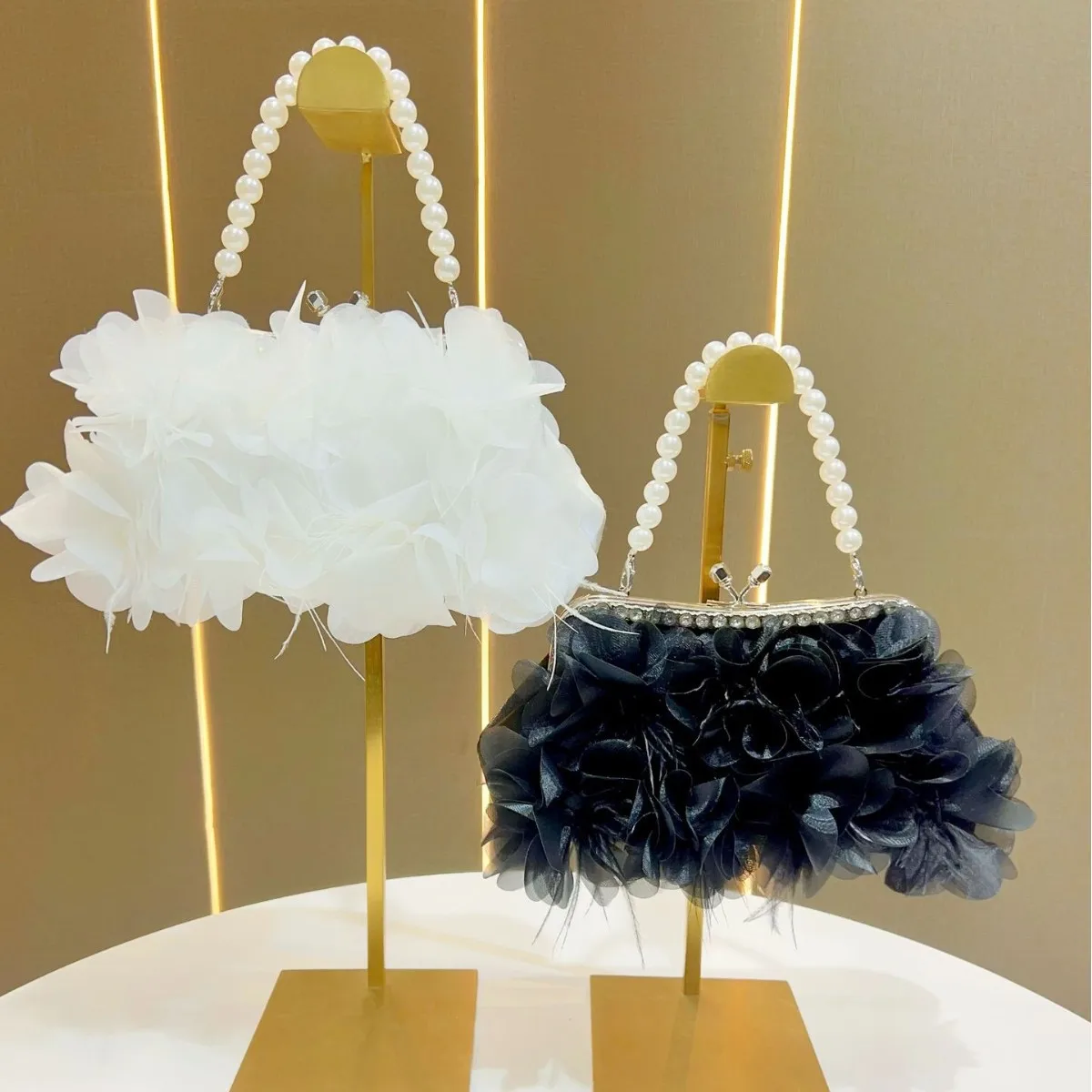 رومانسية أسود أبيض الدانتيل زهرة صغيرة مخلب محفظة سلسلة حقائب كتف Crossbody للنساء حفل زفاف عشاء مساء حقائب #5