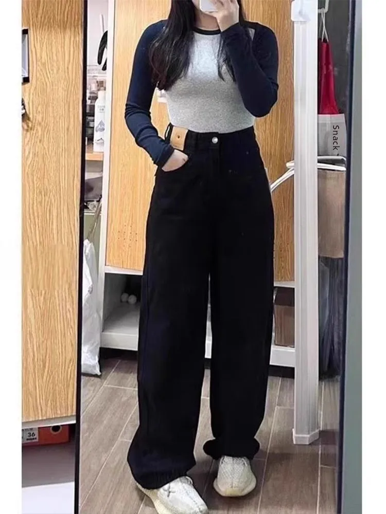 

Black Straight Leg Jeans Women's Loose Fit Large Size Pear Shape Body Slimming Taller Wide Leg Pants Spring New Style