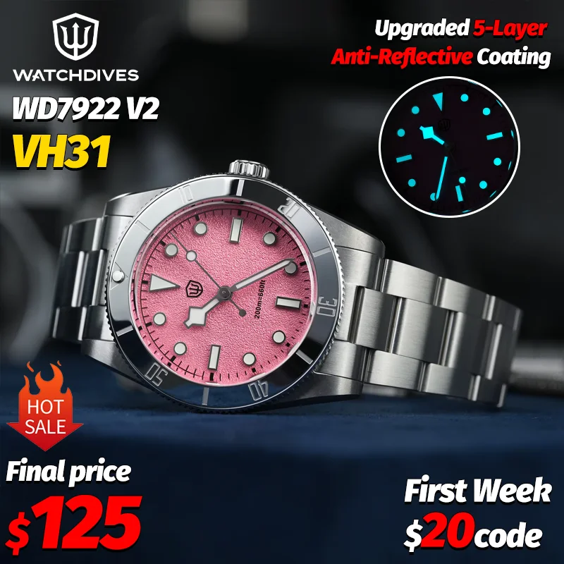Watchdives Wd7922 Luxury Watches VH31 Fashion Quartz Watch 20Bar Waterproof Sapphire Crystal Luminous 37Mm Vintage Watches Gifts