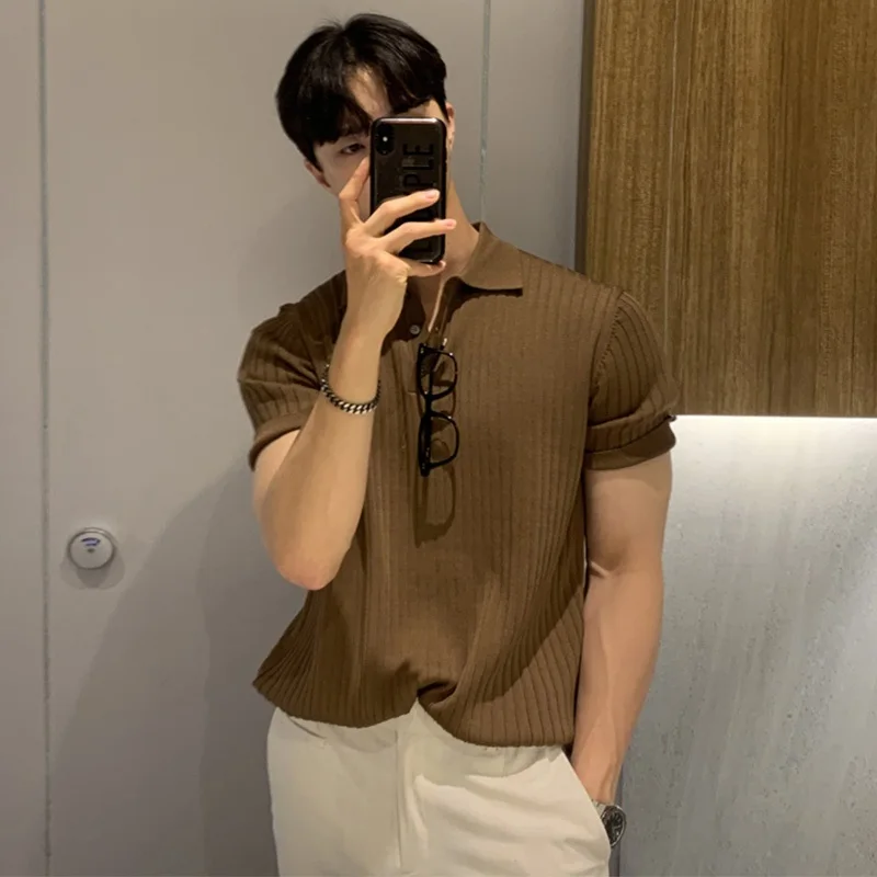 Hong Kong Sle Lapel Polo Shirt Short sleeve Men's Fashion Brand Loose Casual Summer Thin Solid Knit T-shirt Bottoming Shirt