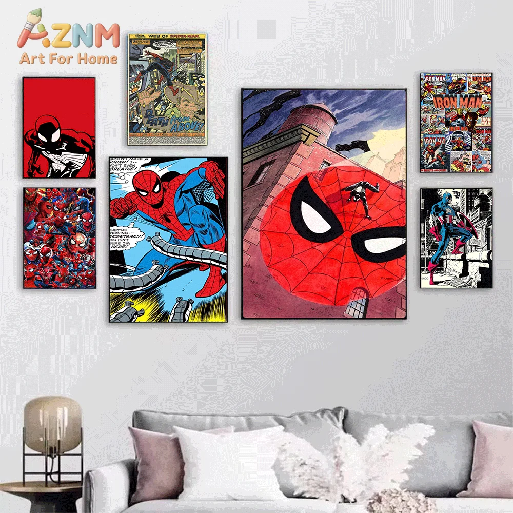 AZNM Black Suit Spiderman Upside‑Down Red Background Comic Canvas Wall Print, Vintage Superhero Symbiote Character Art Poster,