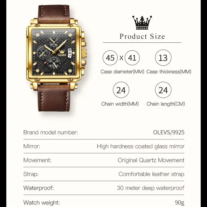 OLEVS Original Watch for Men Waterproof Stainless Steel Leather Strap Quartz Fashion Sports Chronograph Square Men Wristwatches