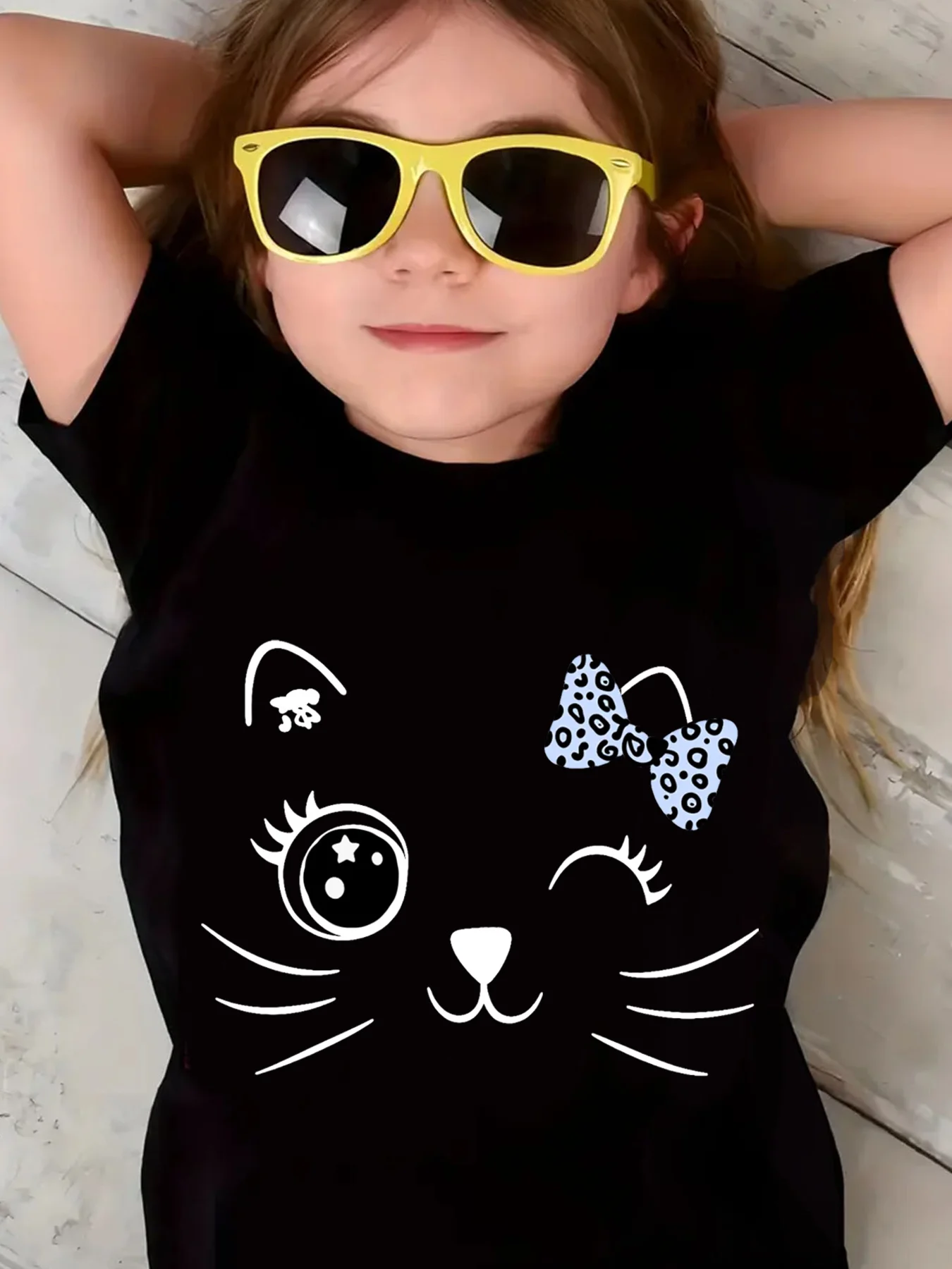 Infant and Toddler Girls Kawaii Cat Face T-shirt Children's Daily Leisure Round Neck Short Sleeve 2D Printing Breathable Versatile Fast Drying T-shirt Summer Children's Home Outdoor Leisure Clothing