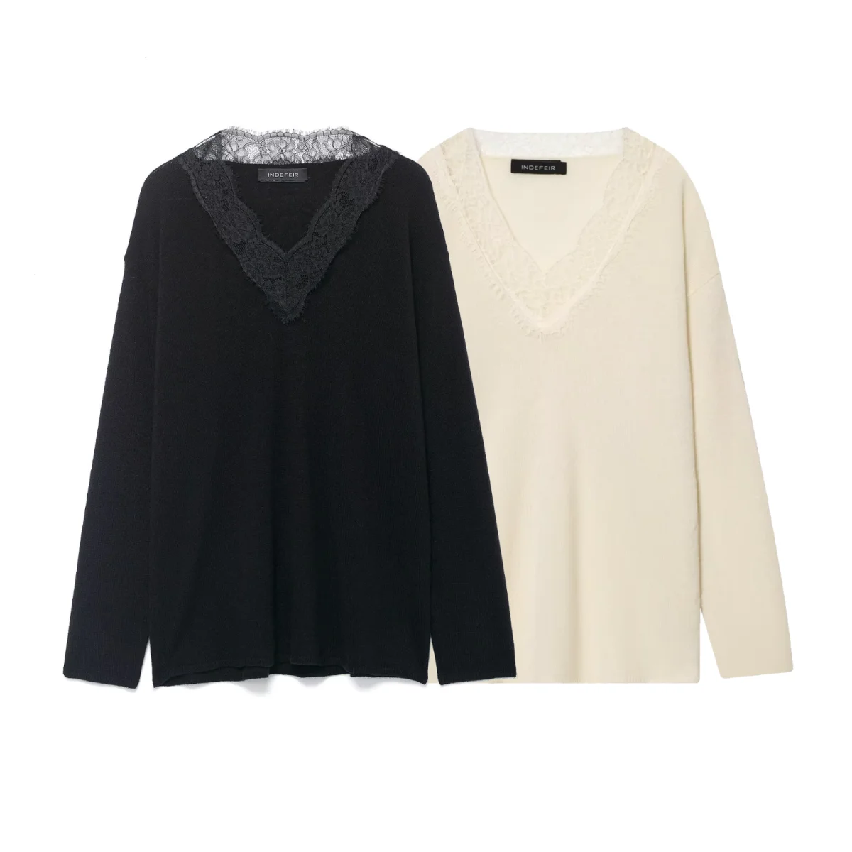 ZERAINS Kant patchwork V-hals gebreid T-shirt voor dames herfst nieuwe ondergoed stijl lange mouwen T-shirt trui top