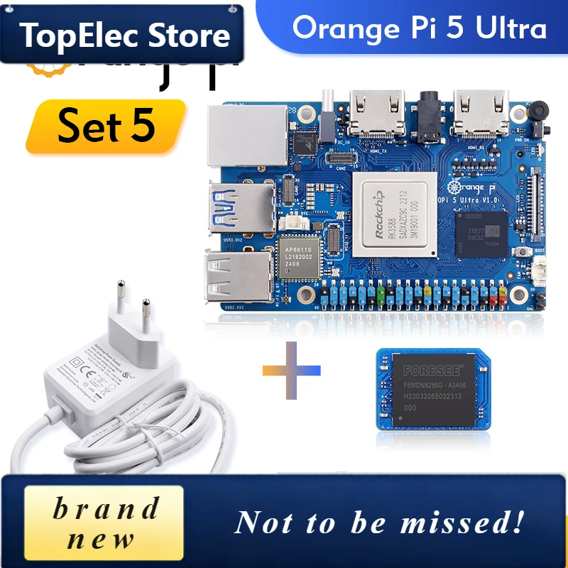 TopElec Orange Pi 5 Ultra + Power Supply + 64GB EMMC Module Development Board 8GB LPDDR5 Ram RK3588 Rockchip WIFI 6E+BT5.3 With