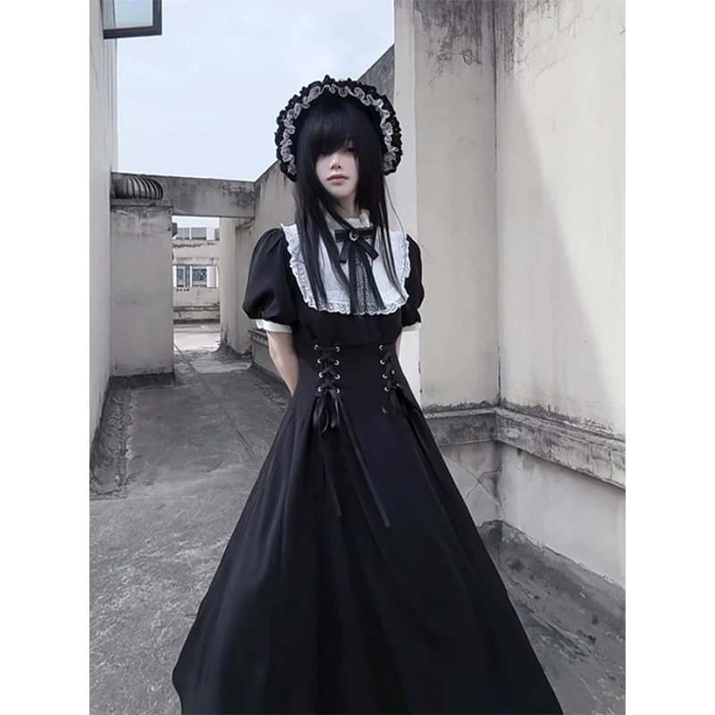 

MEXZT Vintage Black Midi Dress Women Y2K Harajuku Bow Bandage Dresses Summer Gothic Patchwork Puff Short Sleeve Bodycon Vestidos