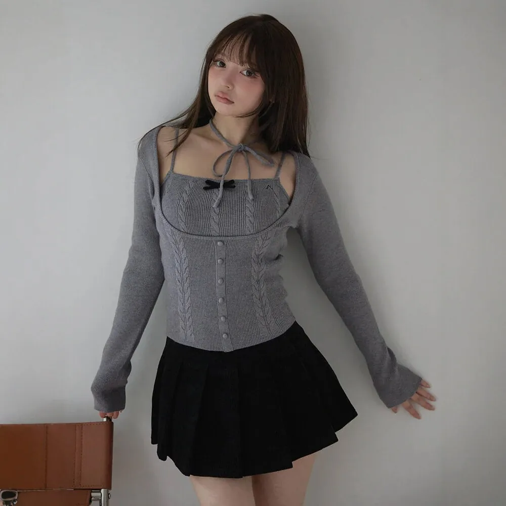 Women 2‑Piece Knit Outfit Halter Bow Cami Tank Top + Long Sleeve Button Front Cable Knit Shrug Cardigan Cropped Twin Set
