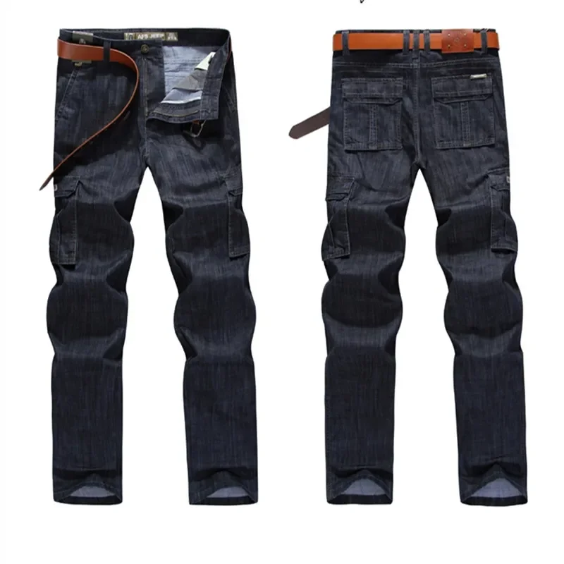 LIBIELIY Men's Military Jeans Pants Workwear Multi-Pockets Cargo Jeans Straight Motorcycle Denim Pants Casual Biker Long Trouser
