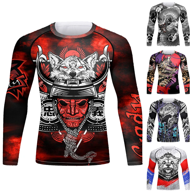 Men Sports Grappling Boxing MMA T-shirt Muay Thai Sublimation BJJ Rash Guard Compression No Gi Jiu Jitsu Rashguard MMA Clothing