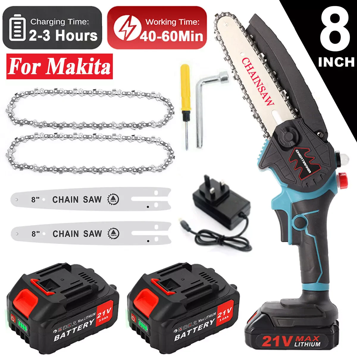 8 inch Mini Chainsaw Cordless Woodworking Handheld Garden Electric Saw Cutting Power Tool Fit Makita 21V Battery