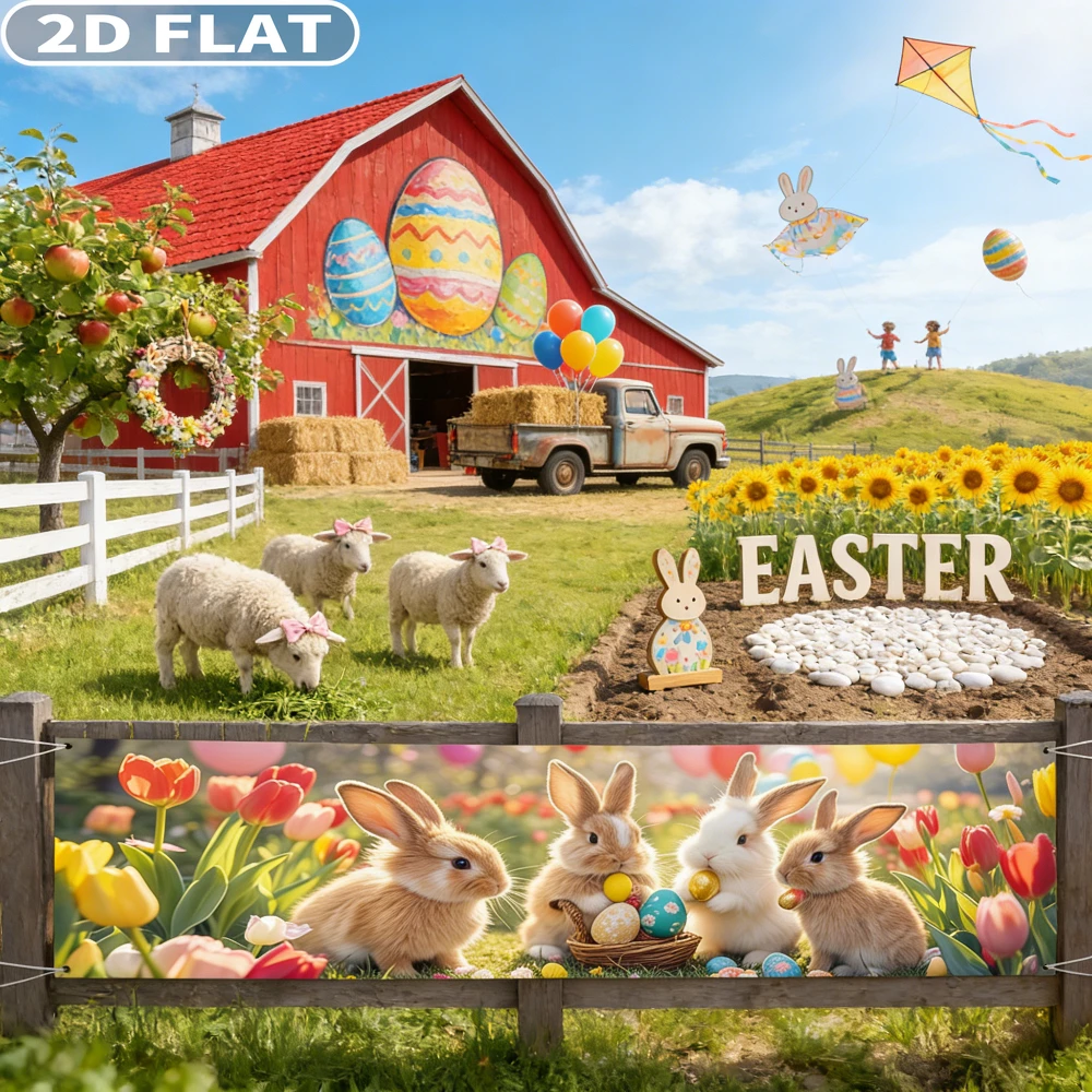 2D FLAT 1pc Party Packs Easter Bunny Banner, 17.72x78.74 Inch, Polyester Brown & White Bunnies with Tulips & Easter Eggs Design
