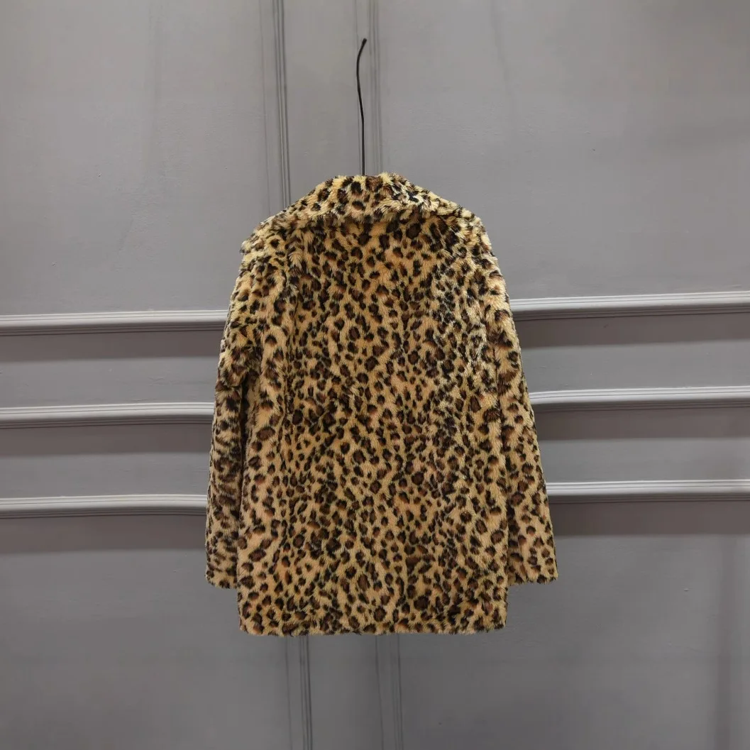 New Faux Fur Korean Mid-Long Notch Lapel Sexy Snow White Leopard Faux Fur Coat