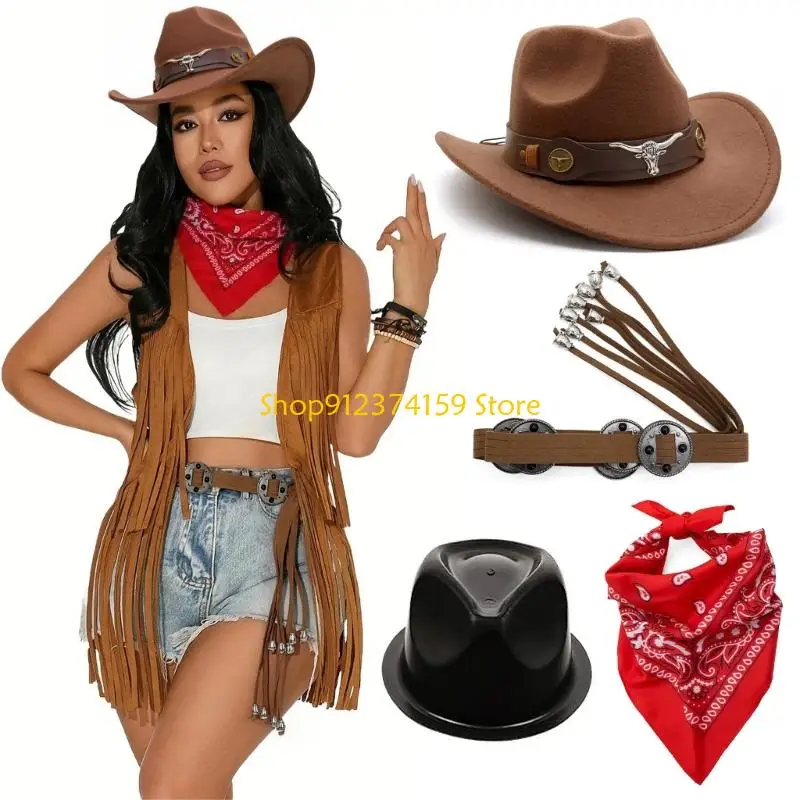 G5AE 3Pcs Cowgirl Outfit Accessories Including Rodeos Hat Bandana For Wild Western Cosplay Event