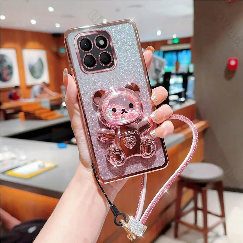 HonorX8B Diamond Strap Glitter Bear Holder Case For Huawei Honor X8B X9A X10 X20 X30 X30i X40 X40i X50 X50i SE Plus Stand Cover