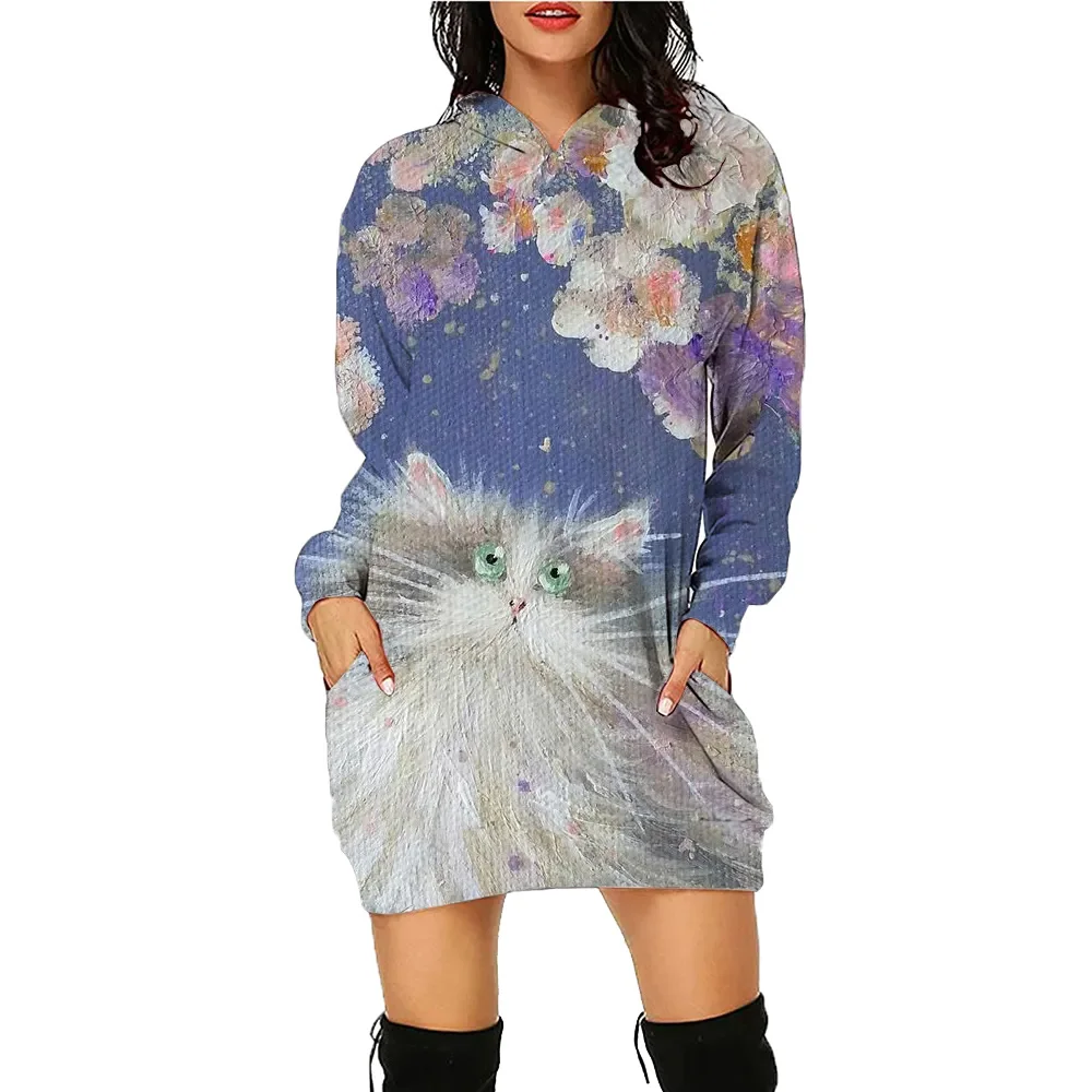 Robe à capuche imprimée chat de dessin animé pour femme, sweats à capuche d'entraînement, pull à manches longues, t-shirts d'automne et d'hiver, 03