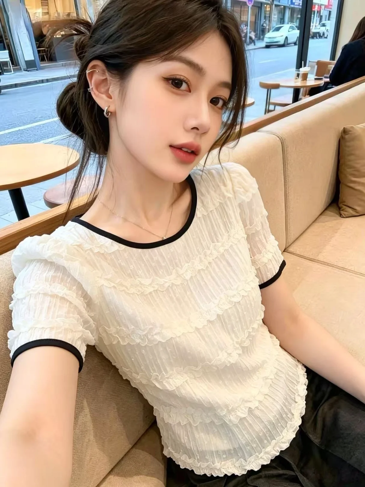 

Unique Short Sleeve Patchwork Color Block Shirt for Women Summer New Style Beautiful Self-Preservation Korean Straight Cut Si...