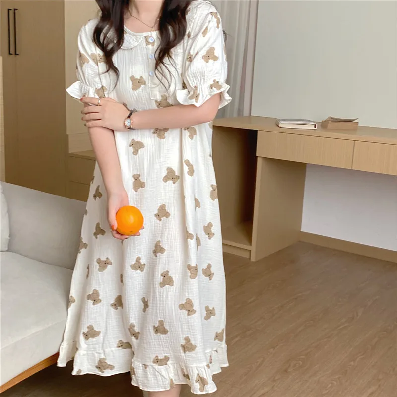 

Bear Print Summer Nightgown Korean Cartoon Cotton Long Sleepwear Short Sleeve Ruffles Nightdress Single Breasted Kawaii Sweet