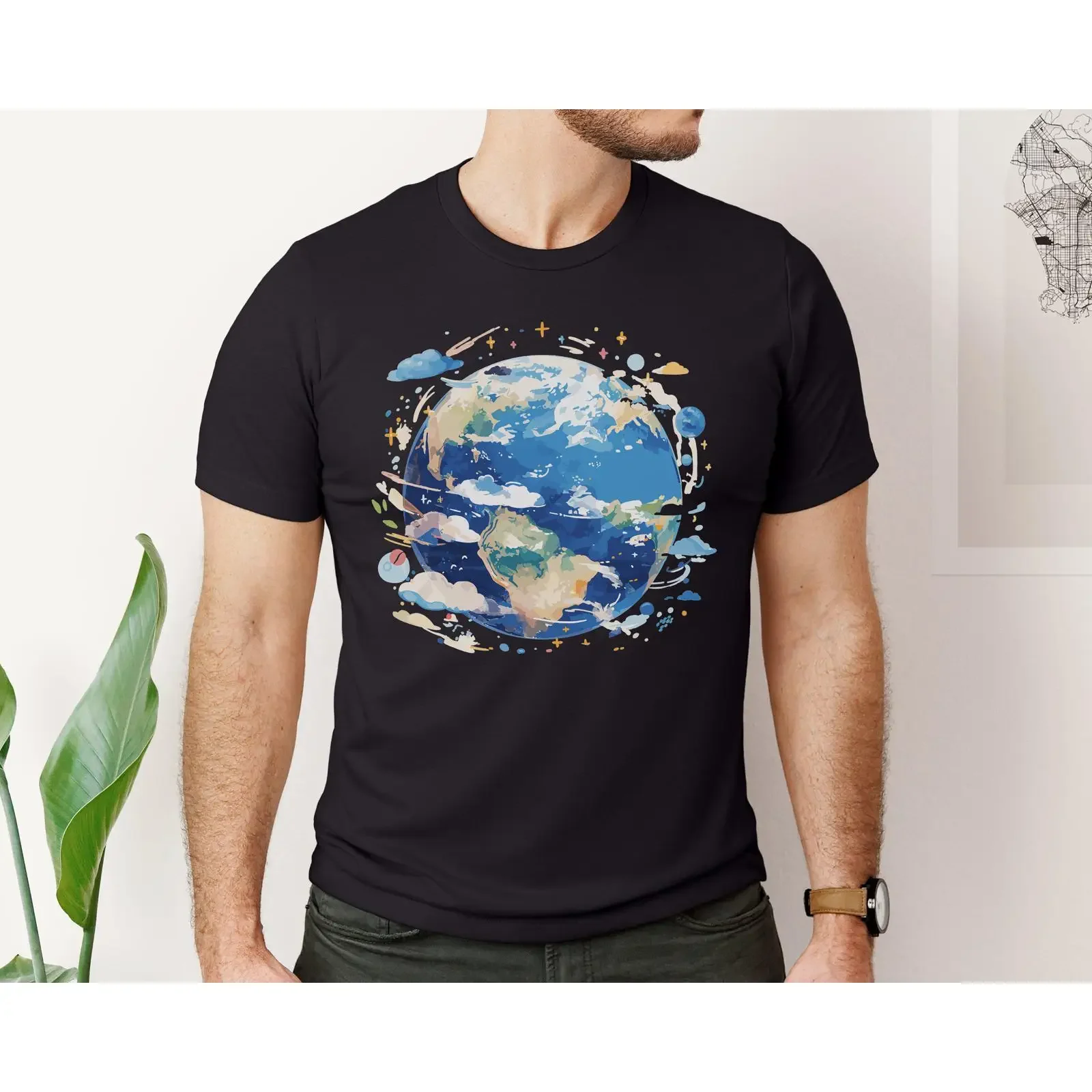 T-shirt vintage délavé Thème Planète Terre Aquarelle – Unité Mondiale, Sensibilisation Environnementale, Activiste pour les Amateurs de Nature