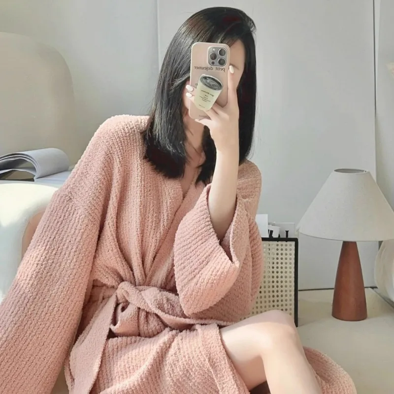 Luxurious Women's Winter Pajamas Set Plush Soft Fleece Cardigan Nightdress Elegant French Design Fashion Pink Floor Length XXL