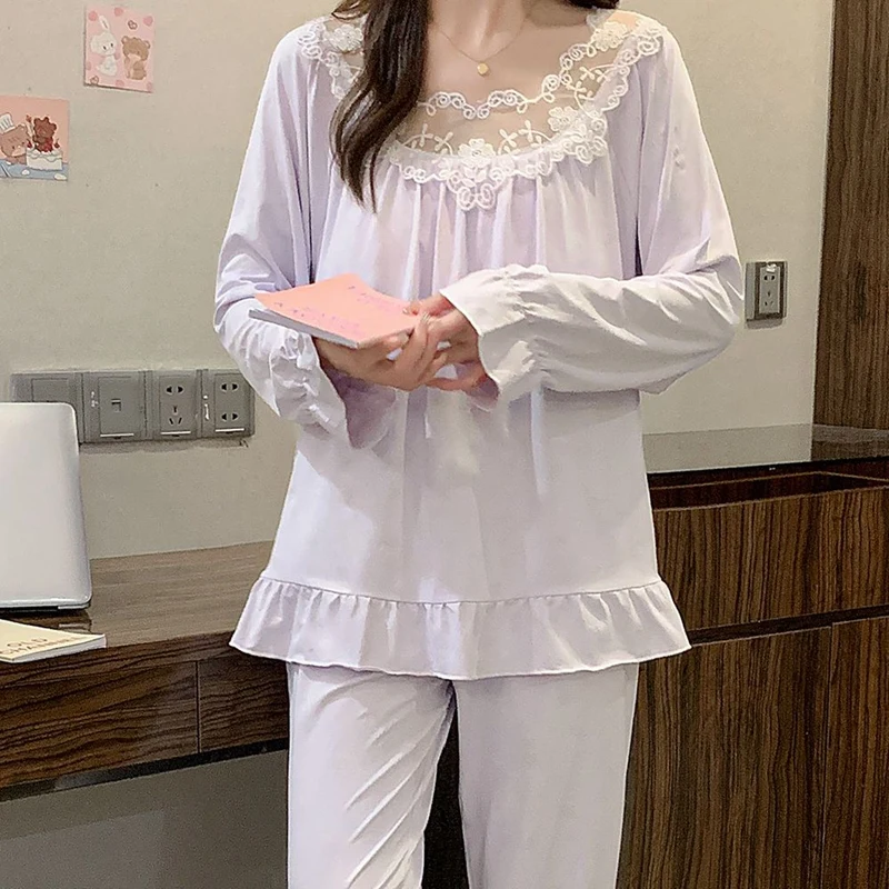 

2026 Spring Long Sleeve Cute Lace 100% Cotton Pajama Sets for Women Korean Sleepwear Pyjamas Pijama Mujer Homewear Home Clothes