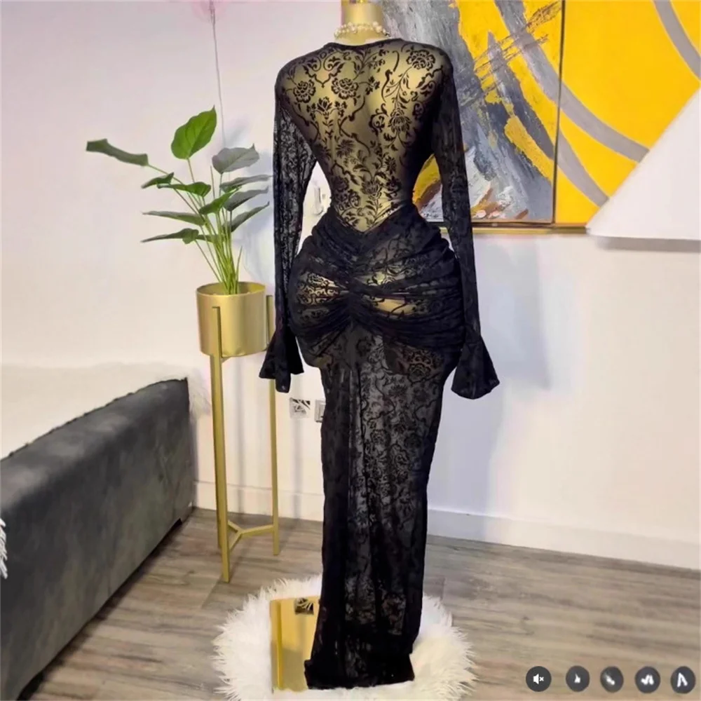 Vrouwen sexy lange mouw mesh doorzichtige gedrukte bodycon maxi-jurk elegante avond verjaardag sexy party cocktailjurken vestido